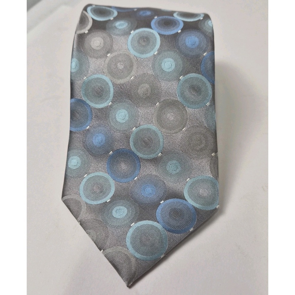 Van Heusen Silk Tie Mens Gray Blue Geometric Circles Dots Stain Shield Necktie
